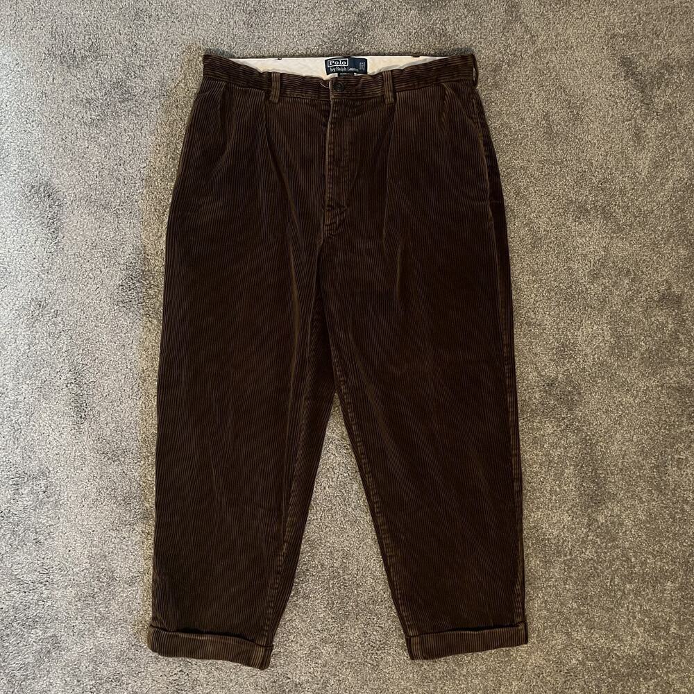 Vtg Polo Ralph Lauren Brown Andrew 100% Cotton Pleated Corduroy Pant Men's 34